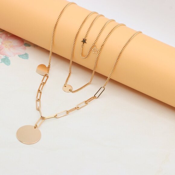Layered Rose Gold Necklace with Star & Coin Charm – Adjustable Fit, XPNL0344 - Picture 1 of 12